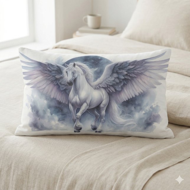 White Pegasus Moonlit Wings Celestial Dream Lumbar Cushion (White Pegasus Moonlit Wings Celestial Dream Lumbar Pillow)