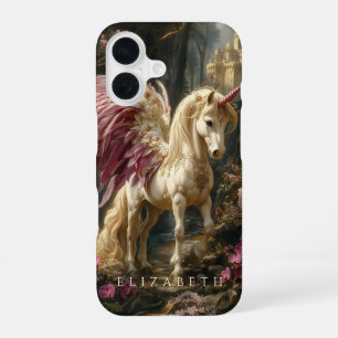 White Pegasus Pink Wings Fairytale Castle Horse iPhone 16 Case