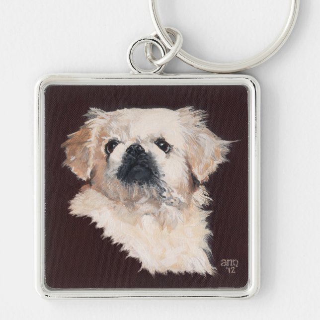 White Pekingese Dog Key Ring (Front)