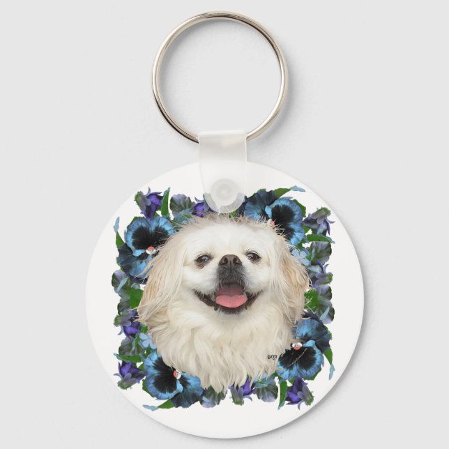 White Pekingese with Pansies Key Ring (Front)