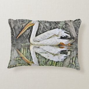 White Pelican Reflection in Lake Oil Painting Decorative Cushion
