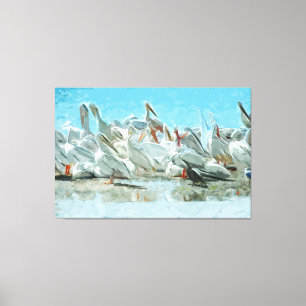 White Pelicans and Cormorant Abstract Canvas Print