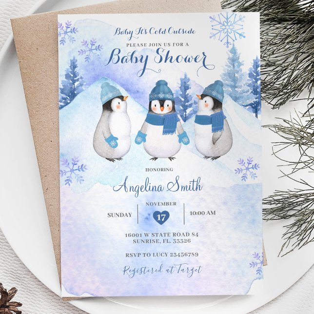 White Penguin Winter Baby Shower Invitation (Creator Uploaded)