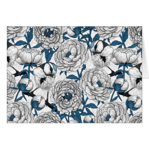 White peonies and blue tit birds