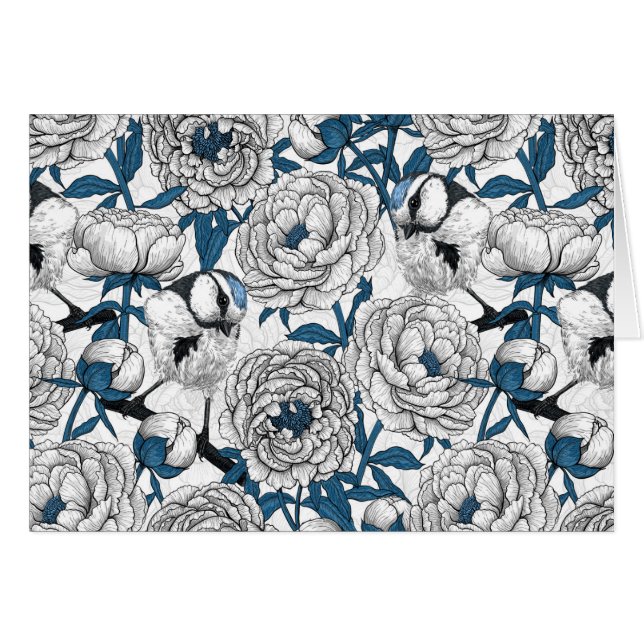 White peonies and blue tit birds (Front Horizontal)