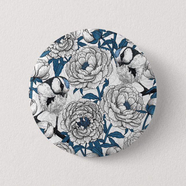 White peonies and blue tit birds 6 cm round badge (Front)