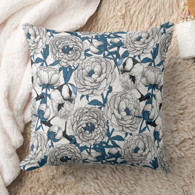 White peonies and blue tit birds cushion (Blanket)