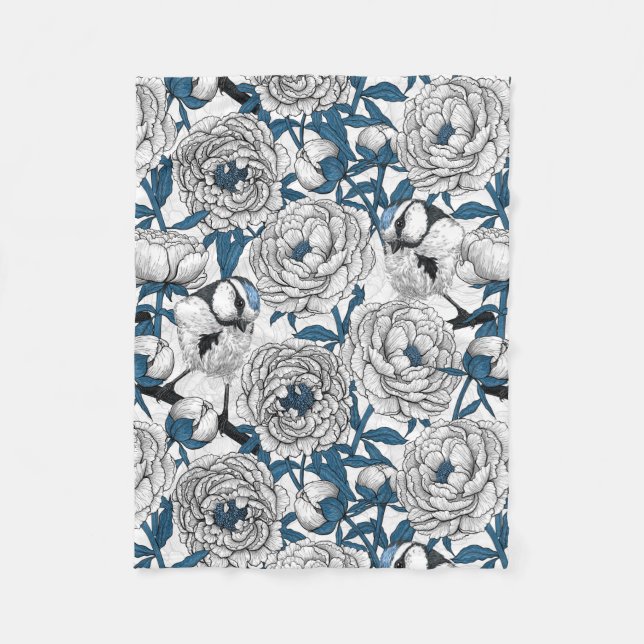 White peonies and blue tit birds fleece blanket (Front)