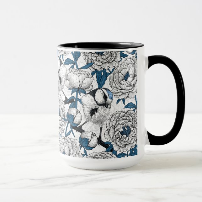 White peonies and blue tit birds mug (Right)