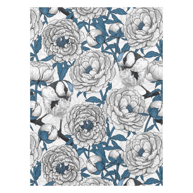 White peonies and blue tit birds tablecloth (Front)