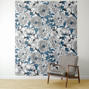White peonies and blue tit birds tapestry