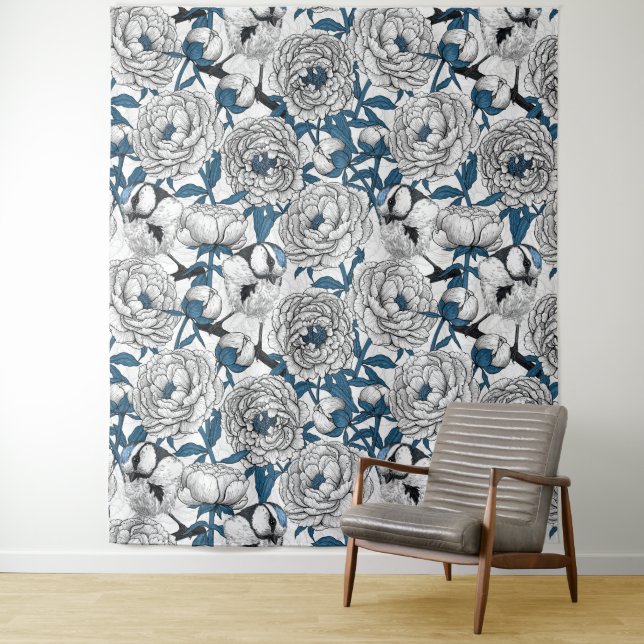 White peonies and blue tit birds tapestry (In Situ)