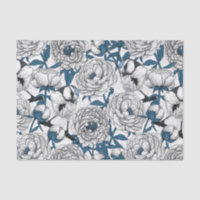 White peonies and blue tit birds