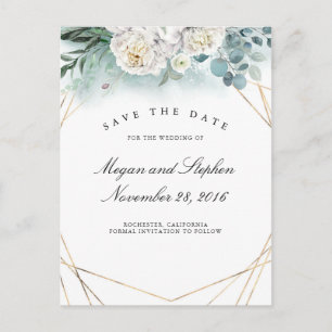 White Peonies and Gold Frame Modern Save the Date Announcement Postcard