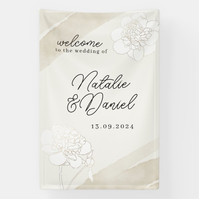 White Peonies Blossoms Wedding Sign (Vertical)