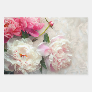White peonies bouquet with lace wrapping paper sheet