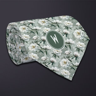 White Peonies Floral  Tie