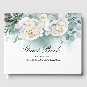 White Peonies Floral Wedding Guest Book