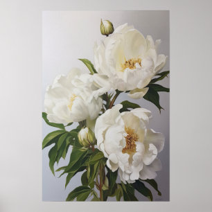 White Peonies Flower Art Print Poster
