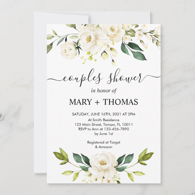 White Peonies Foliage Couples Shower Invitation (Front)