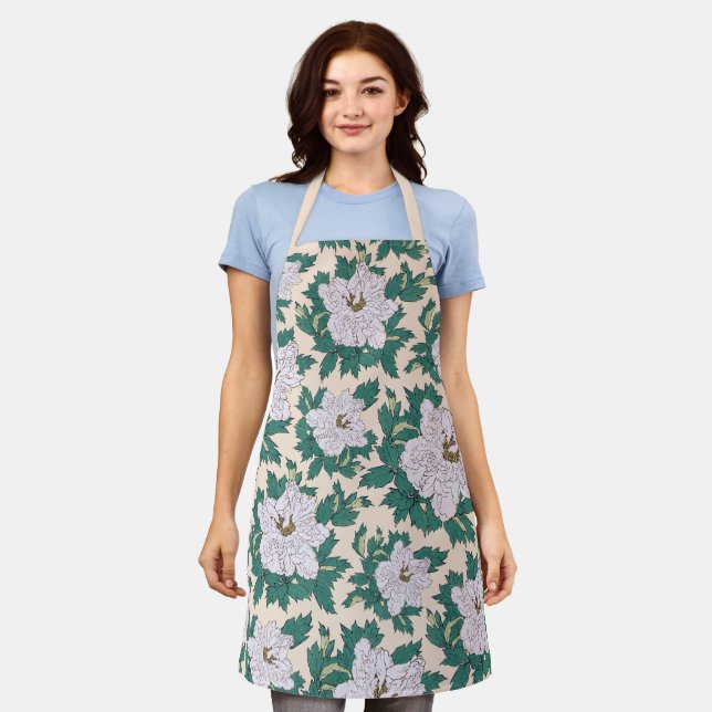 White Peonies & Green Leaves Apron (Worn)