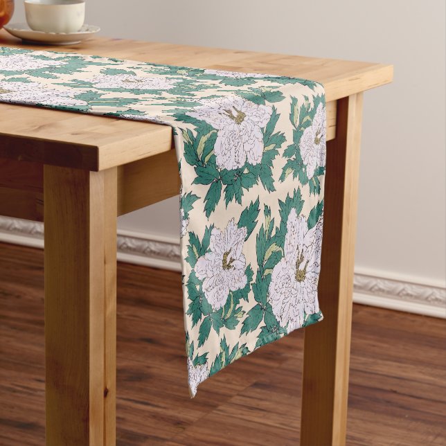 White Peonies & Green Leaves Short Table Runner (In Situ)