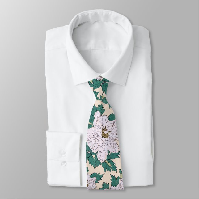 White Peonies & Green Leaves Tie (Tied)