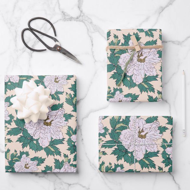 White Peonies & Green Leaves Wrapping Paper Sheet (Front)