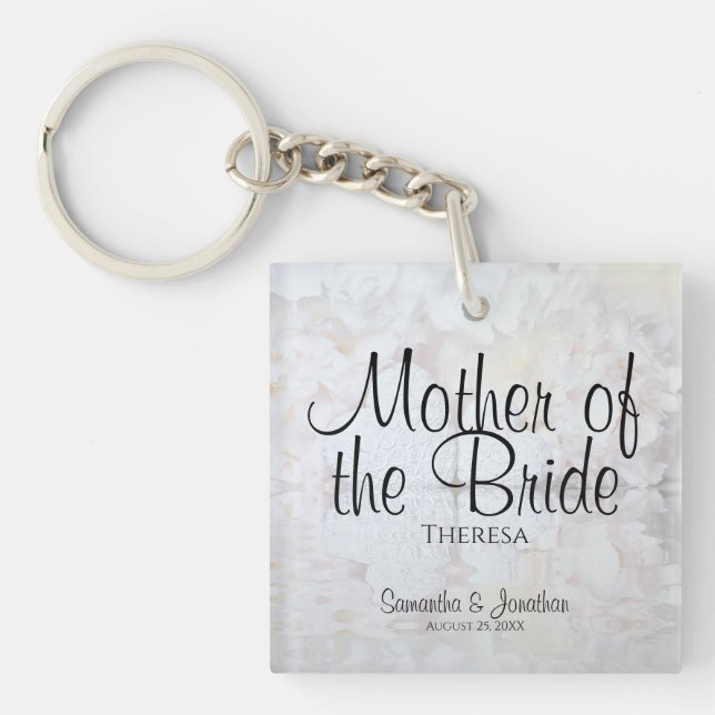 White Peonies & Hearts Mother of the Bride Wedding Key Ring (Front)