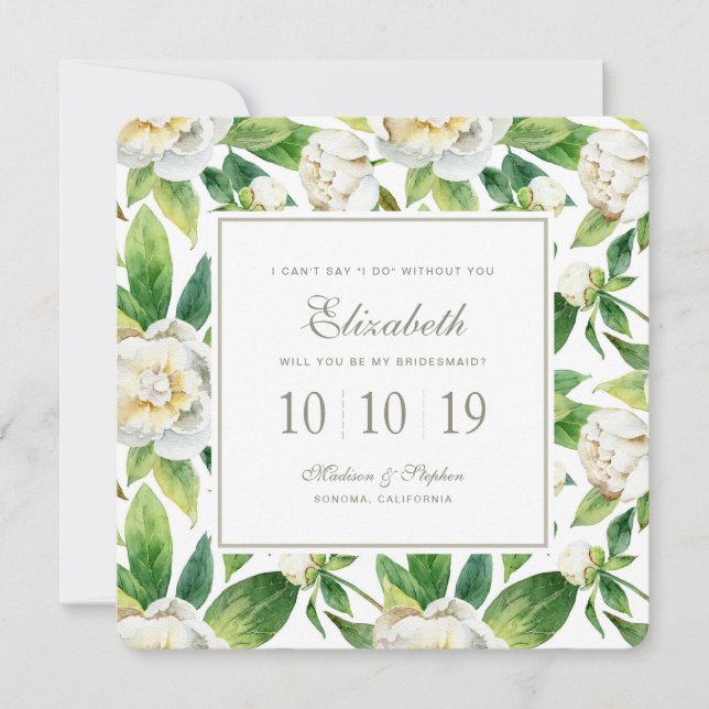 White Peonies & Leaf Watercolor - Bridesmaid Invitation (Front)