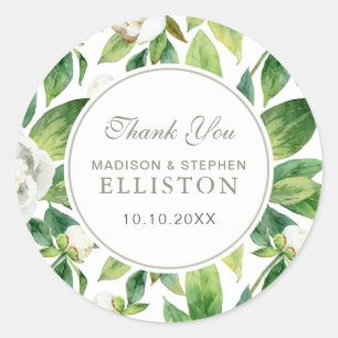 White Peonies & Leaf Watercolor Thank You Classic Round Sticker