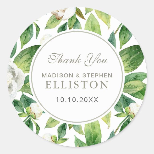 White Peonies & Leaf Watercolor | Thank You Classic Round Sticker (Front)