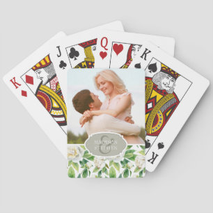 White Peonies & Leaf Watercolor - Wedding Playing Cards