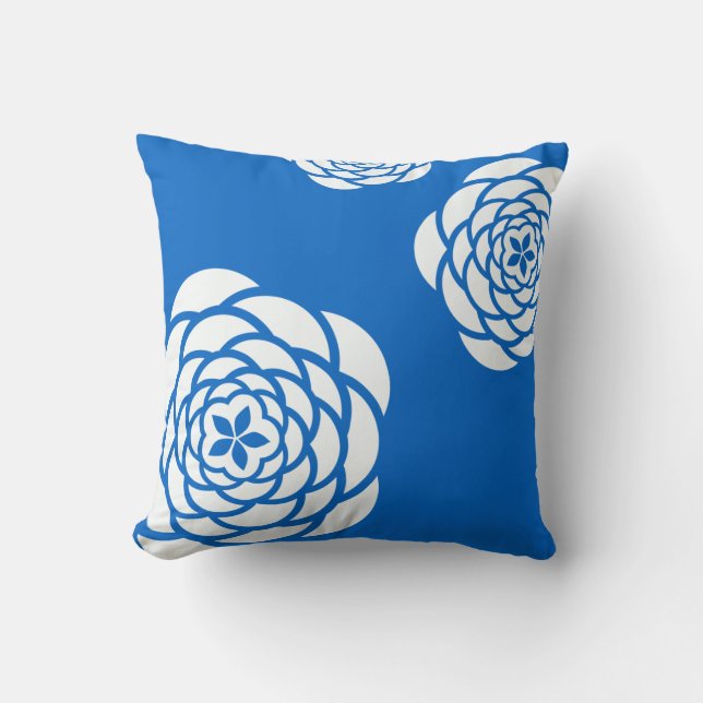 White Peonies on Blue Background Pillow (Front)