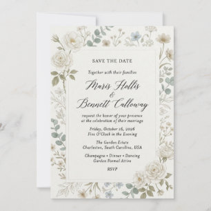 White Peonies, Ranunculus, Irises, Olive Branches, Invitation