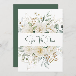 White Peonies Roses Eucalyptus Save the Date