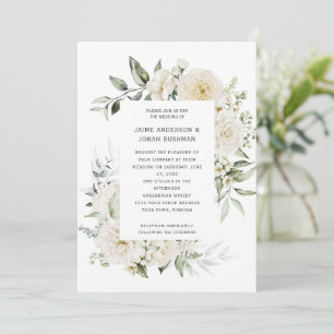 White Peonies Roses Eucalyptus Wedding Invitation