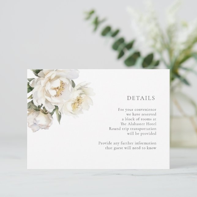 White Peonies Wedding Details Enclosure Card (Standing Front)