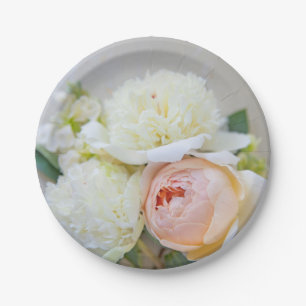 White peonies with apricot-coloured rose paper plate