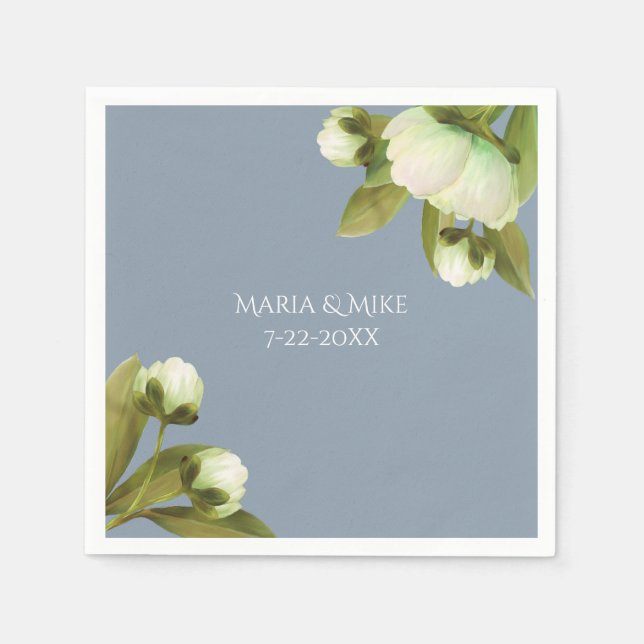 White Peonies with Dusty Blue Napkins (Front)
