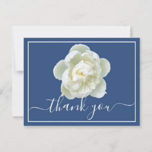 White Peony Blue Background Thank You Postcard