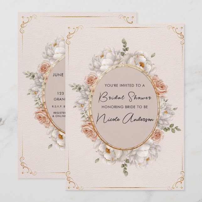 White Peony & Blush Rose Floral Bridal Invitation (Front/Back)