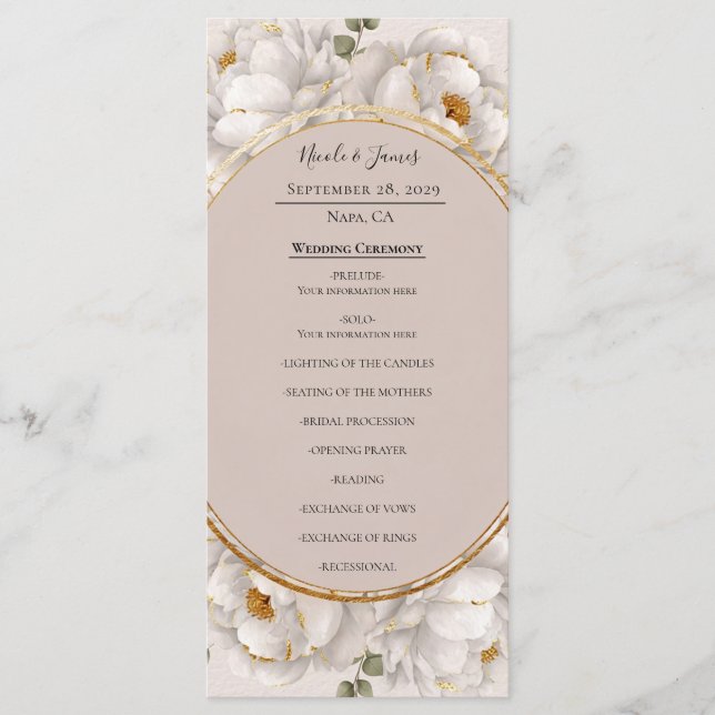 White Peony & Blush Rose Floral Wedding Program Menu (Front)