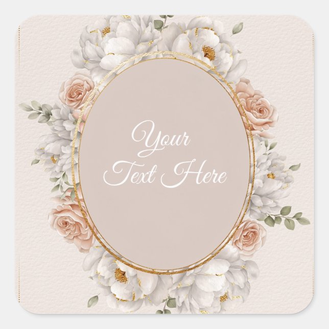 White Peony & Blush Rose Floral Wedding  Square Sticker (Front)