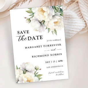 White Peony Elegant Floral Wedding Save The Date Invitation