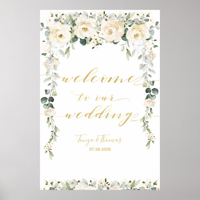 White Peony Epiphany Gold Calligraphy Welcome Poster (Front)