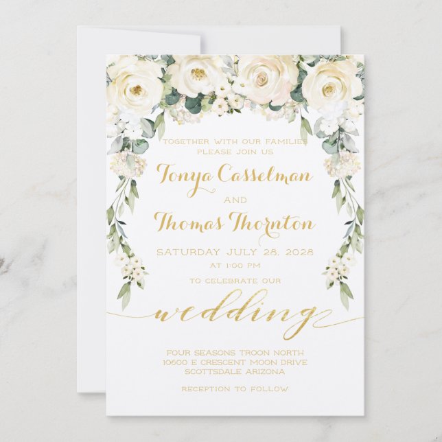 White Peony Epiphany Wedding Gold Calligraphy Invitation (Front)