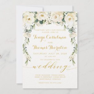 White Peony Epiphany Wedding Gold Calligraphy Invitation