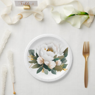 White Peony Eucalyptus Gold Flower Paper Plate