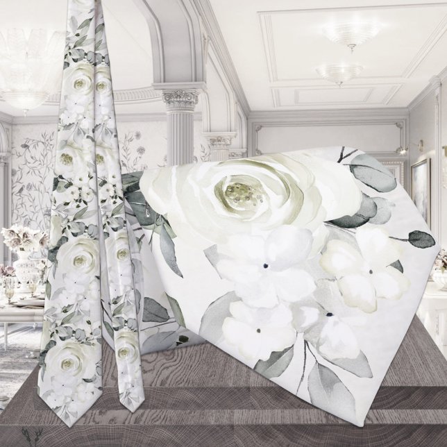 White Peony Eucalyptus Greenery Floral Wedding Tie (Creator Uploaded)